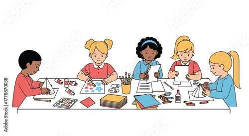 Illustration of diverse children sitting at a table and engaging in arts and crafts activities with various supplies.