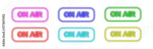 Six colorful neon outline on air signs in two rows on a