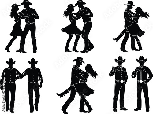 Cowboy and Cowgirl Dancing Silhouette Set — Country Western Dance Vector, Rodeo Couple Illustration, Cowboy Hat Line Art