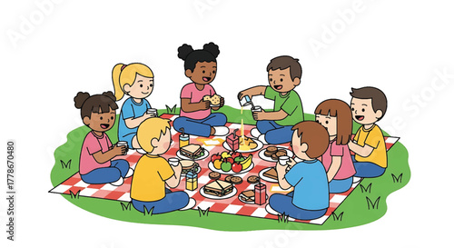 A group of diverse children sitting on a picnic blanket eating food on a green grassy area with a white background.