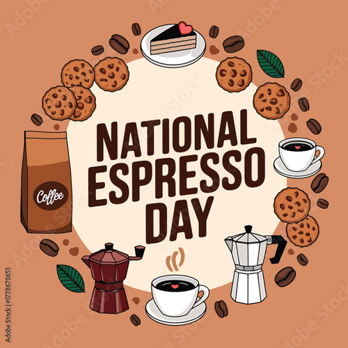 A festive arrangement for national espresso day featuring coffee beans, cookies, cake, coffee pots, and cups, perfect for celebrating the popular beverage