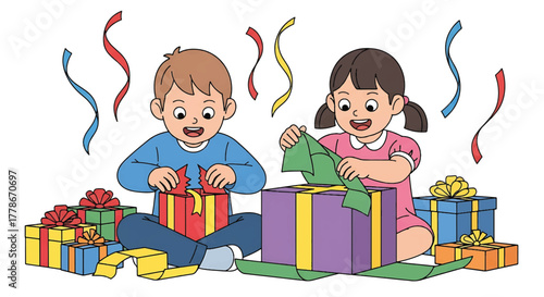 Two happy children sitting on the floor opening colorful gifts with wrapping paper and ribbons.