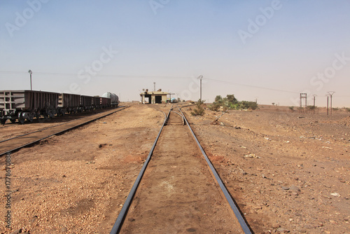 Railway station of Zouerate. Mauritania Desert train, Train du Desert, The vintage train in Sahara desert, that crosses between Zouerate and Nouadhibou.