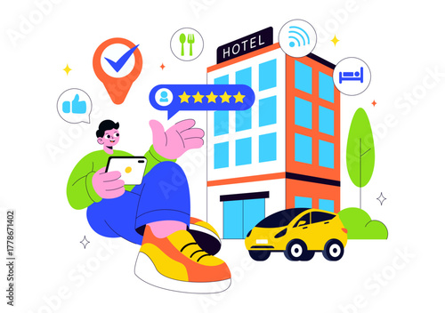 Hotel Reviews Vector Illustration Featuring Rating Services, User Satisfaction, and Customer Experiences in a Flat Style Cartoon Background