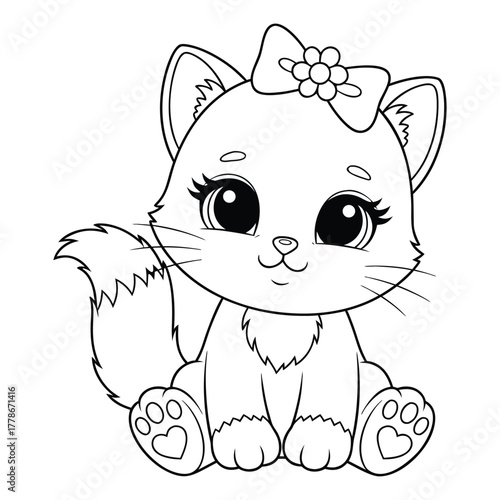 Adorable Kitten with Bow Outline for Coloring Page