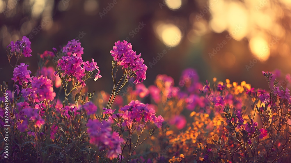 Obraz premium Clusters of bright purple wildflowers bloom vibrantly against a warm, diffused background light