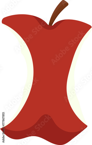 Red Apple Core Vector Illustration with Brown Stem, Eaten Fruit Remnant on White Background