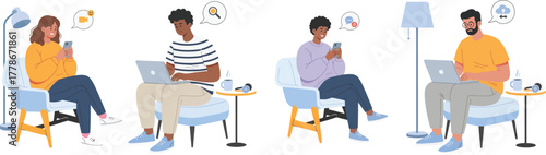 People working remotely on laptops and smartphones at home office, modern flat illustration of online communication, teamwork, and digital connection