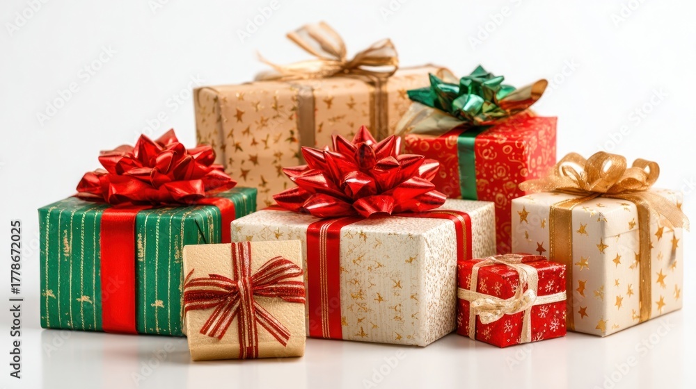 Fototapeta premium Different Christmas gift boxes on a white background.