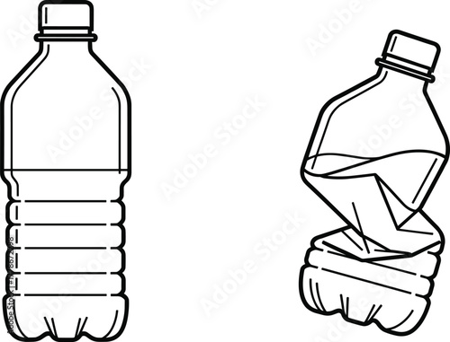 Plastic water bottle and crushed bottle outline vector illustration, eco recycling concept, beverage container design isolated on white background, sustainability and waste reduction theme