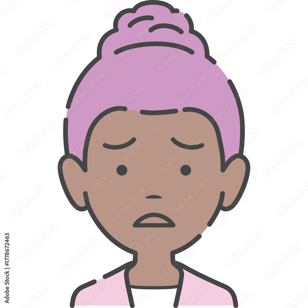 Fototapeta premium Sad Woman With Pink Hair And Purple Blazer On Transparent Background Expressing Disappointment With Curved Eyebrows And Downturned Mouth
