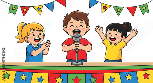 Three happy children standing behind a colorful table with a microphone, celebrating with a festive bunting in the background.