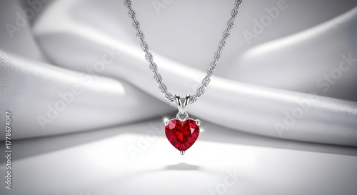 Elegant silver necklace with a ruby heart pendant on a soft white satin background