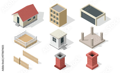 Isometric Building Elements Vector Set,  Collection of houses, garages, chimneys, fences, and foundations perfect for architecture, city map design, and construction infographics.