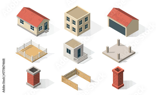 Isometric House and Architecture Parts Illustration,  Building elements including home exteriors, garage, fence, and chimney for real estate, urban planning, and 3D map visuals.
