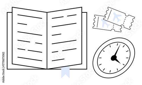 Open book with a bookmark, airplane tickets, and a clock portraying travel, reading, and efficient time management. Ideal for education, travel planning, time tracking, productivity learning