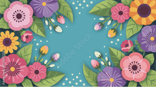 Colorful floral arrangement with leaves and buds on a teal background