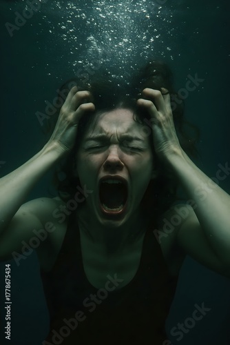 Woman screams underwater in distress grasping her head with a desperate expression showing emotional turmoil anxiety and fear of drowning in water
