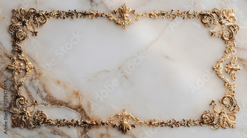 Ornate golden baroque frame adorns a polished, light-colored stone background
