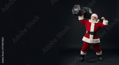 Santa Claus lifting black dumbbells with flexed arms. Jolly man in red suit exercising vigorously. Christmas fitness motivation and holiday workout concept for new year cheer.