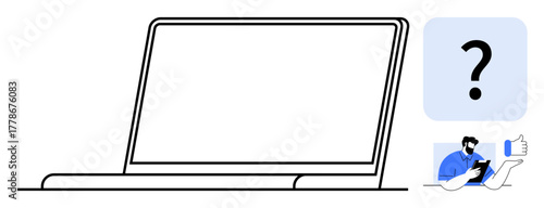 Open laptop with a question mark on the screen, user holding tablet and giving thumbs up. Ideal for decision-making, digital surveys, feedback tools, problem-solving, technology, communication