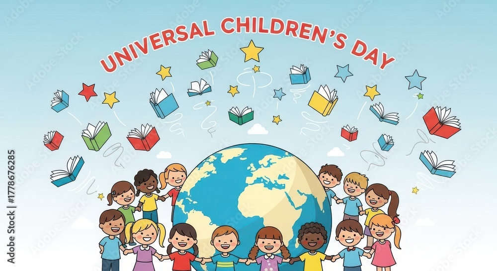 Fototapeta premium Childrens day celebration with diverse kids around the globe and books