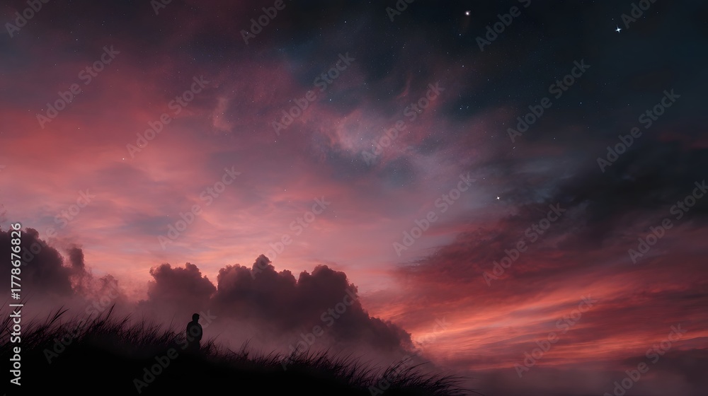 Fototapeta premium A solitary figure stands on a grassy hill gazing at a dramatic crimson sunset and starry twilight sky