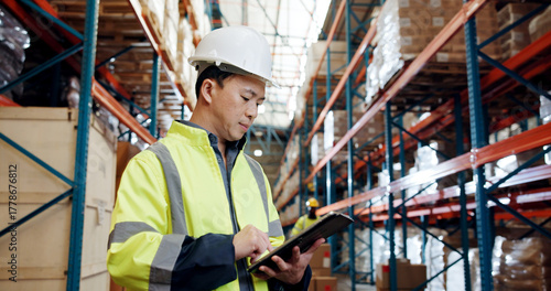 Photos Businessman, logistics and checking inventory with tablet in warehouse for quality control in depot