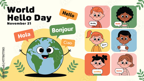 World hello day celebrated with diverse children and a smiling earth, promoting global communication and friendship on november 21st