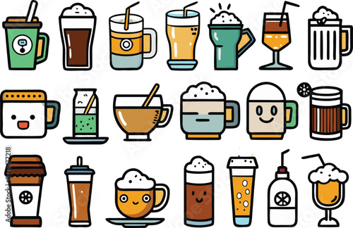 Collection of 24 cute kawaii coffee drinks and beverages vector illustrations scalable eps