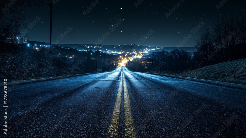 Fototapeta premium Bright city lights shine in the distance along a long, empty road under a starry night sky