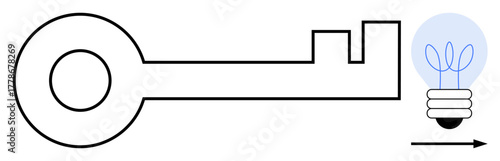 Minimalist key aligned with light bulb symbolizing ideas, creativity, breakthrough, and innovation. Ideal for problem-solving, future, goal, opportunity, leadership and simplicity themes in a simple