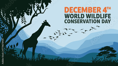 Silhouette of a giraffe against a backdrop of mountains and a flock of birds, commemorating world wildlife conservation day on december 4th
