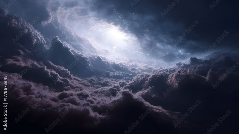 Fototapeta premium Dramatic swirling vortex of dark cosmic clouds illuminated by lightning and a powerful central light