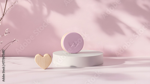 Minimalist setup with pastel-colored circular object and wooden heart on a white pedestal against a soft pink background