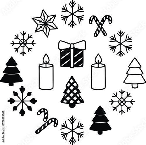 Festive christmas circle illustration with snowflakes candy canes gifts and candles vector