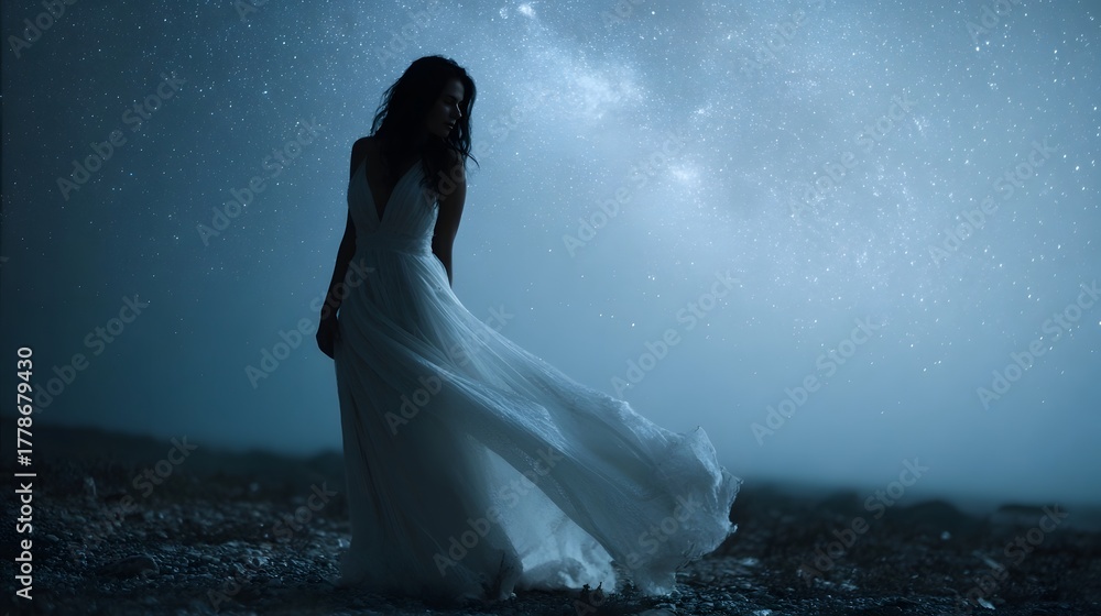 Fototapeta premium Ethereal woman in a flowing white gown stands under a vast starry night sky with the Milky Way visible