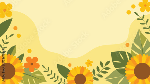 A cheerful yellow background with sunflowers and green leaves