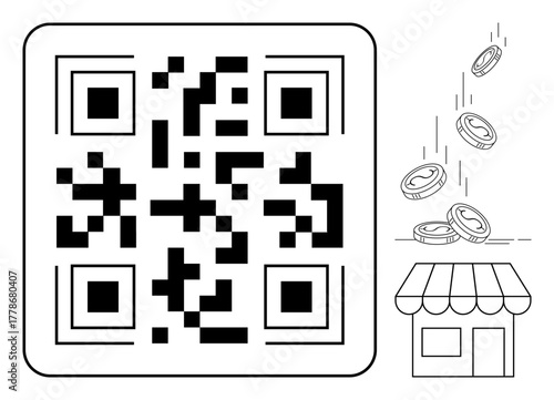 QR code for cashless transactions, coins entering storefront. Ideal for digital payment, e-commerce, retail, technology, business, automation innovation. Clean flat metaphor