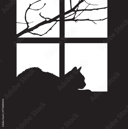 cat on window silhouette on white background eps