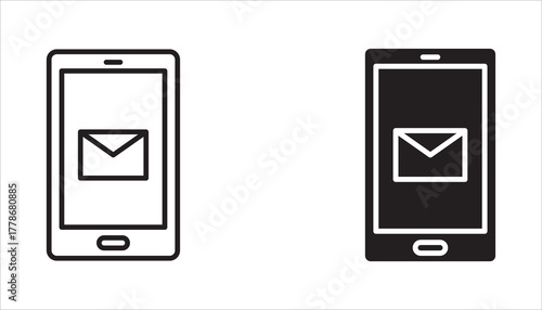 Phone email icon set. Envelope icon, email message icon. Email icon button sign, new message notification icon button.