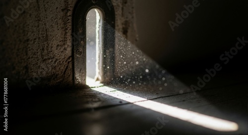A ray of sunlight illuminating through an arched opening, casting a beam of light. 