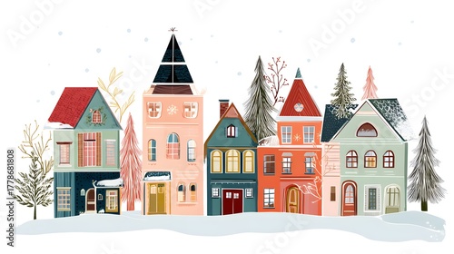 Christmas town with houses and christmas tree. illustration in flat style. Village houses in winter. Hand drawn illustration on white background.