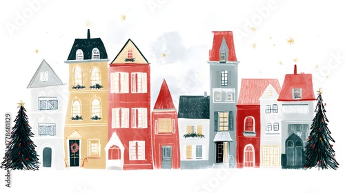 Christmas town with houses and christmas tree. illustration in flat style. Village houses in winter. Hand drawn illustration on white background.