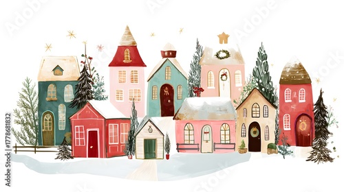 Christmas town with houses and christmas tree. illustration in flat style. Village houses in winter. Hand drawn illustration on white background.