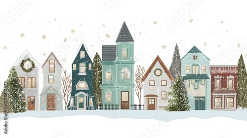 Christmas town with houses and christmas tree. illustration in flat style. Village houses in winter. Hand drawn illustration on white background.