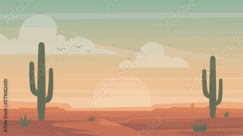Desert landscape with saguaro cacti and a hazy sunset sky