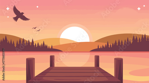 Serene sunset over a tranquil lake with a wooden dock and soaring birds