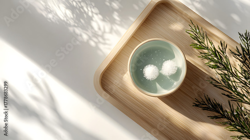 Top view of a wooden tray with a ceramic cup containing floating white spheres and greenery, bathed in natural light.
