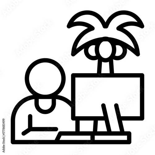 Line art icon of person working on computer near palm tree